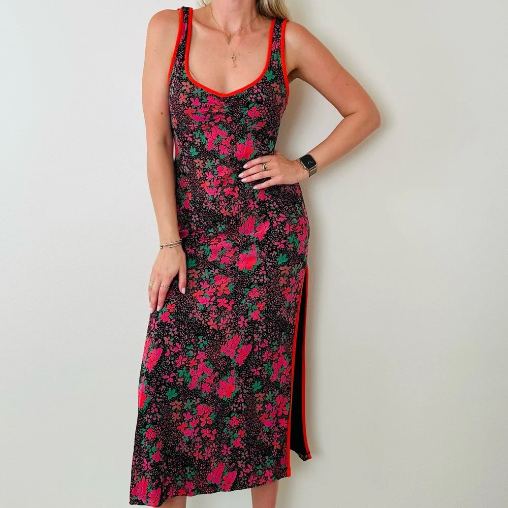 Free People Maxi Dress Boho with Pink Dark Floral Detail Side slits - Picture 1 of 14